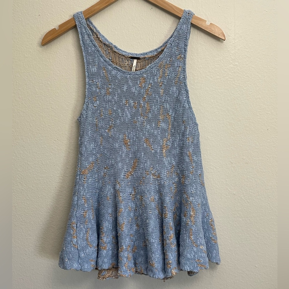 Free People Knitted Top Women’s Small Blue Tan Side by Side Peplum Tank size S - Picture 3 of 13
